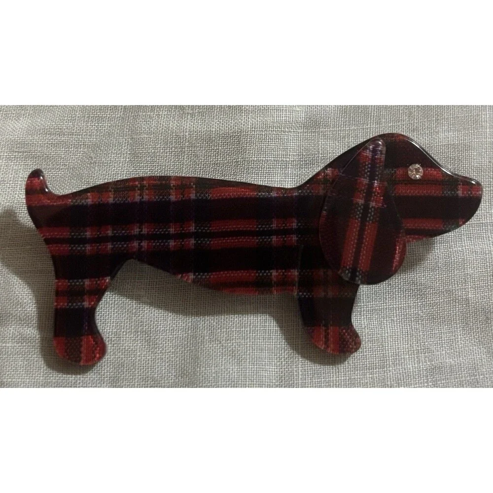 Vintage Dachshund Scotty Dog Brooch Red Plaid Lucite Rhinestone Eye Pin